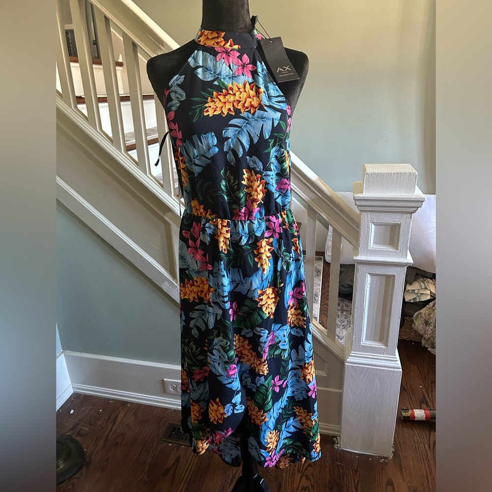 AX Paris Black Tropical Floral Halter Maxi Dress with Blue and Yellow Accents